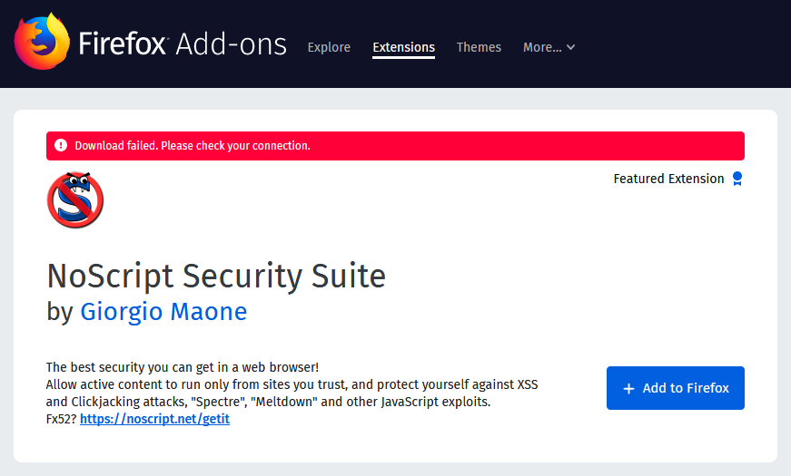 Firefox Add-ons - Download failed. Please check your connection error.