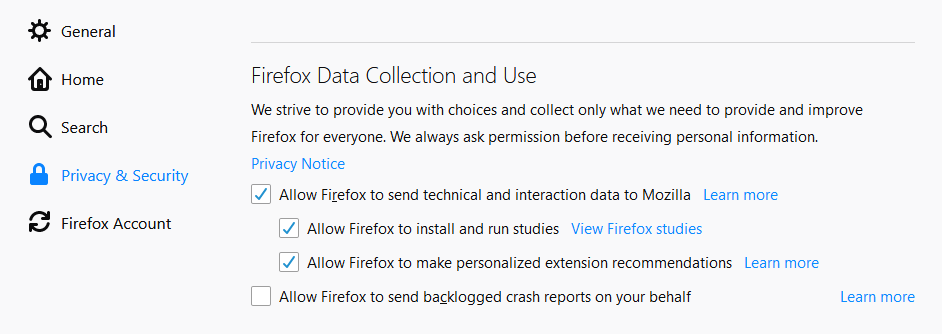 Firefox Options - Allow Firefox to install and run studies